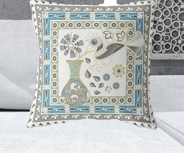 26" x 26" Off White Peacock Blown Seam Floral Indoor Outdoor Throw Pillow