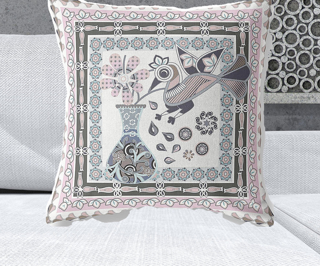 26" x 26" Pink and Grey Bird Blown Seam Floral Indoor Outdoor Throw Pillow