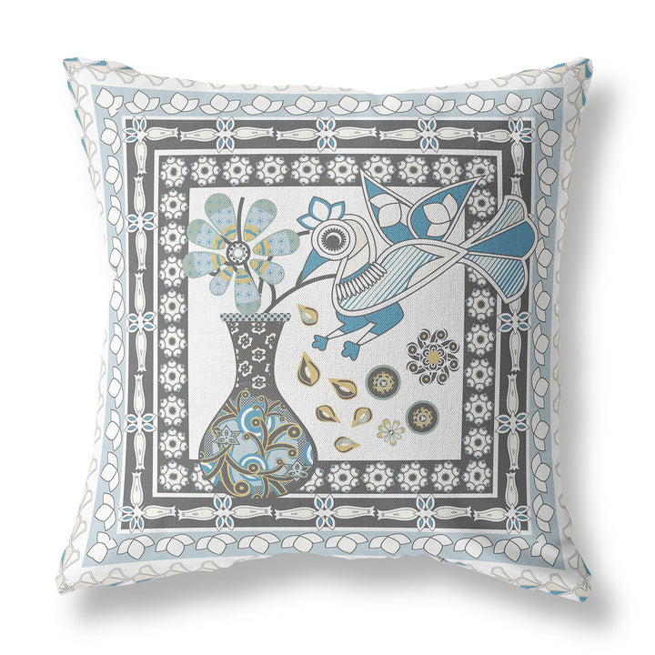 18" x 18" Blue and White Bird Blown Seam Floral Indoor Outdoor Throw Pillow