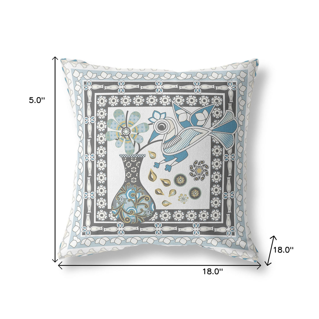 18" x 18" Blue and White Bird Blown Seam Floral Indoor Outdoor Throw Pillow