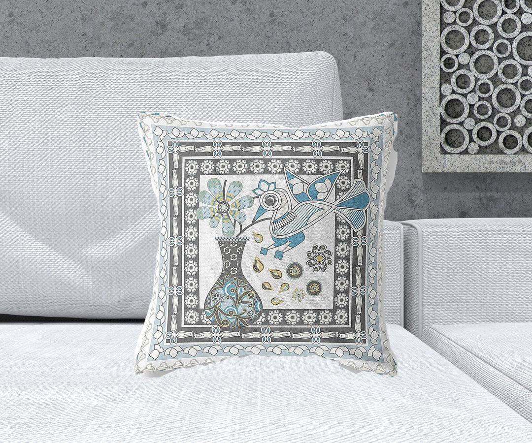 18" x 18" Blue and White Bird Blown Seam Floral Indoor Outdoor Throw Pillow