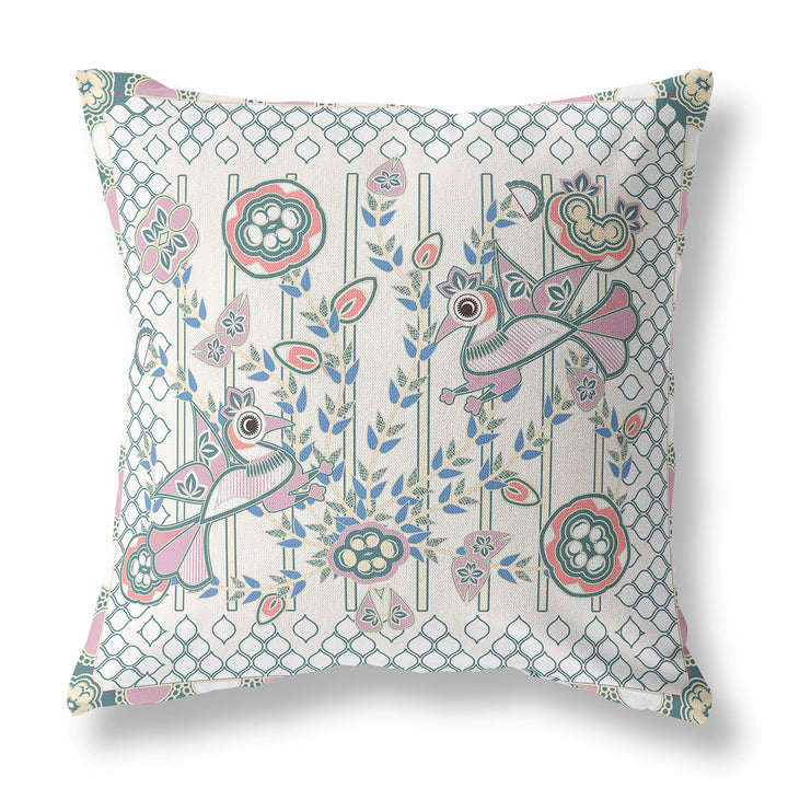 26" x 26" Off White Peacock Blown Seam Floral Indoor Outdoor Throw Pillow