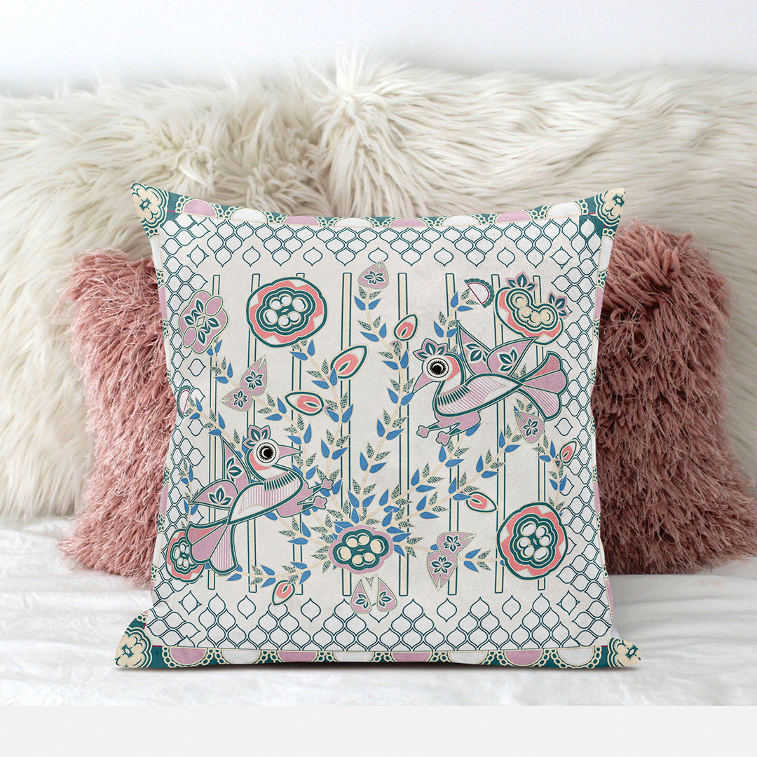 26" x 26" Off White Peacock Blown Seam Floral Indoor Outdoor Throw Pillow