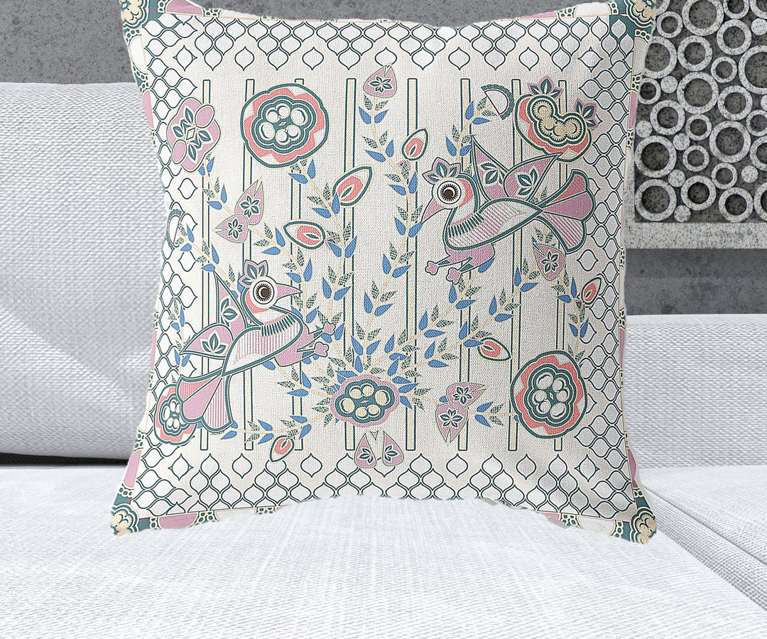 26" x 26" Off White Peacock Blown Seam Floral Indoor Outdoor Throw Pillow