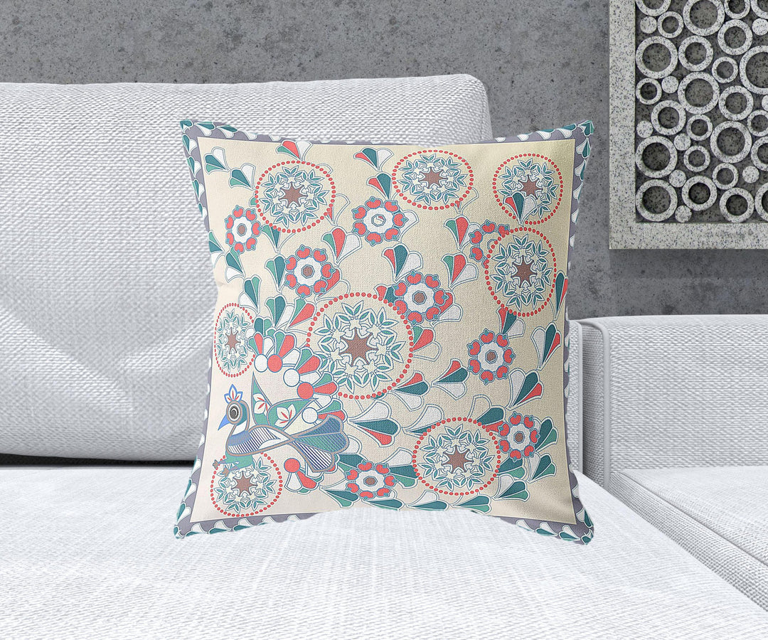 20" x 20" Off White Peacock Blown Seam Floral Indoor Outdoor Throw Pillow