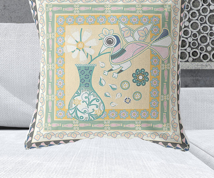 28" x 28" Beige and Black Peacock Blown Seam Floral Indoor Outdoor Throw Pillow