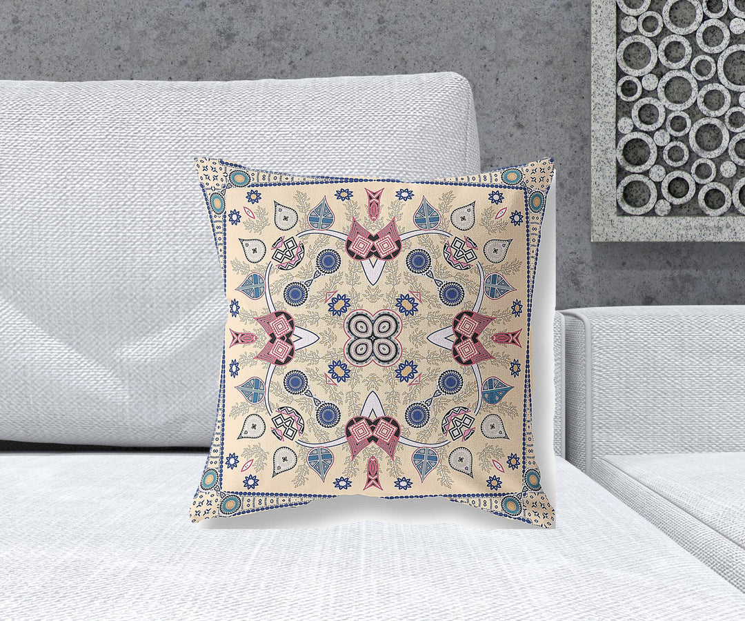 18" x 18" Beige Blown Seam Paisley Indoor Outdoor Throw Pillow