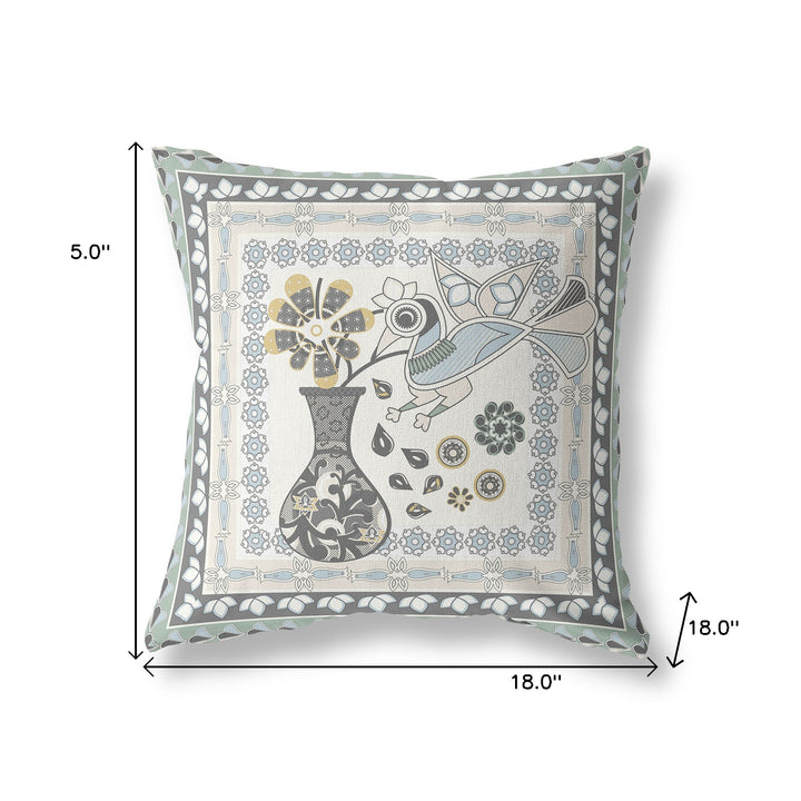 18" x 18" Cream Peacock Blown Seam Floral Indoor Outdoor Throw Pillow