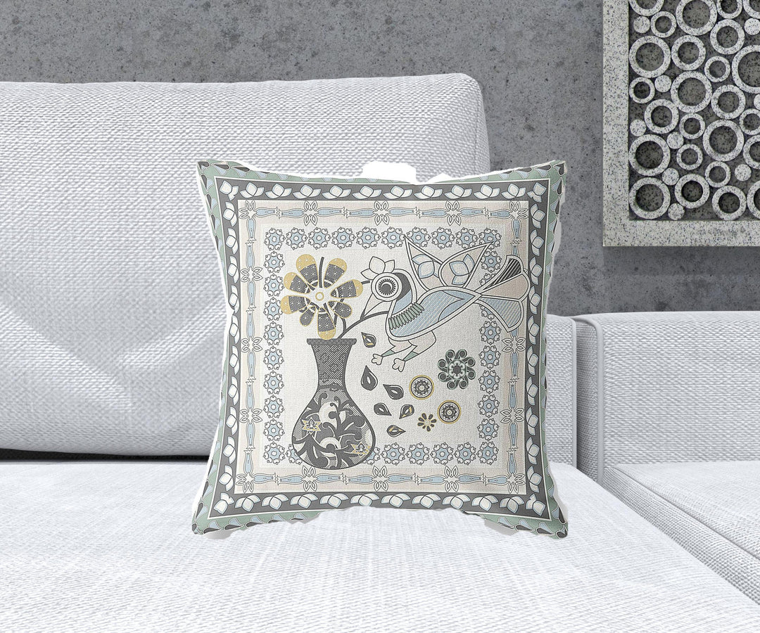 18" x 18" Cream Peacock Blown Seam Floral Indoor Outdoor Throw Pillow