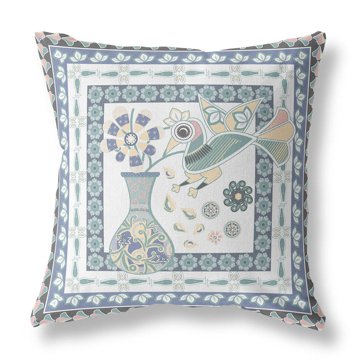 28" x 28" Blue and White Bird Blown Seam Floral Indoor Outdoor Throw Pillow