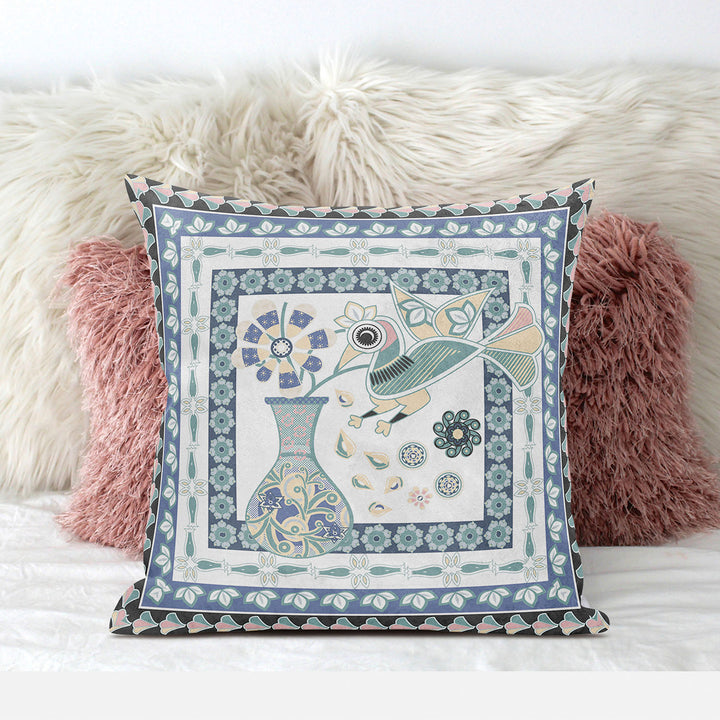 28" x 28" Blue and White Bird Blown Seam Floral Indoor Outdoor Throw Pillow