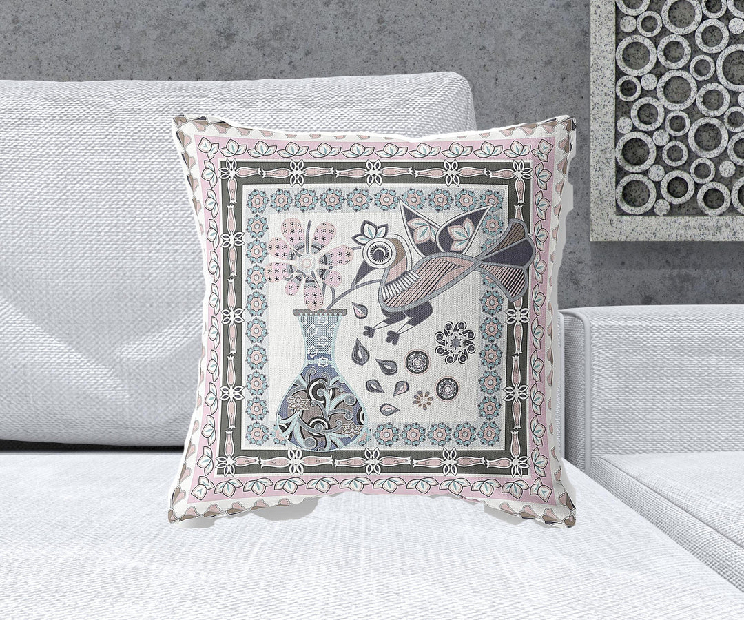 20" x 20" Pink and Grey Bird Blown Seam Floral Indoor Outdoor Throw Pillow