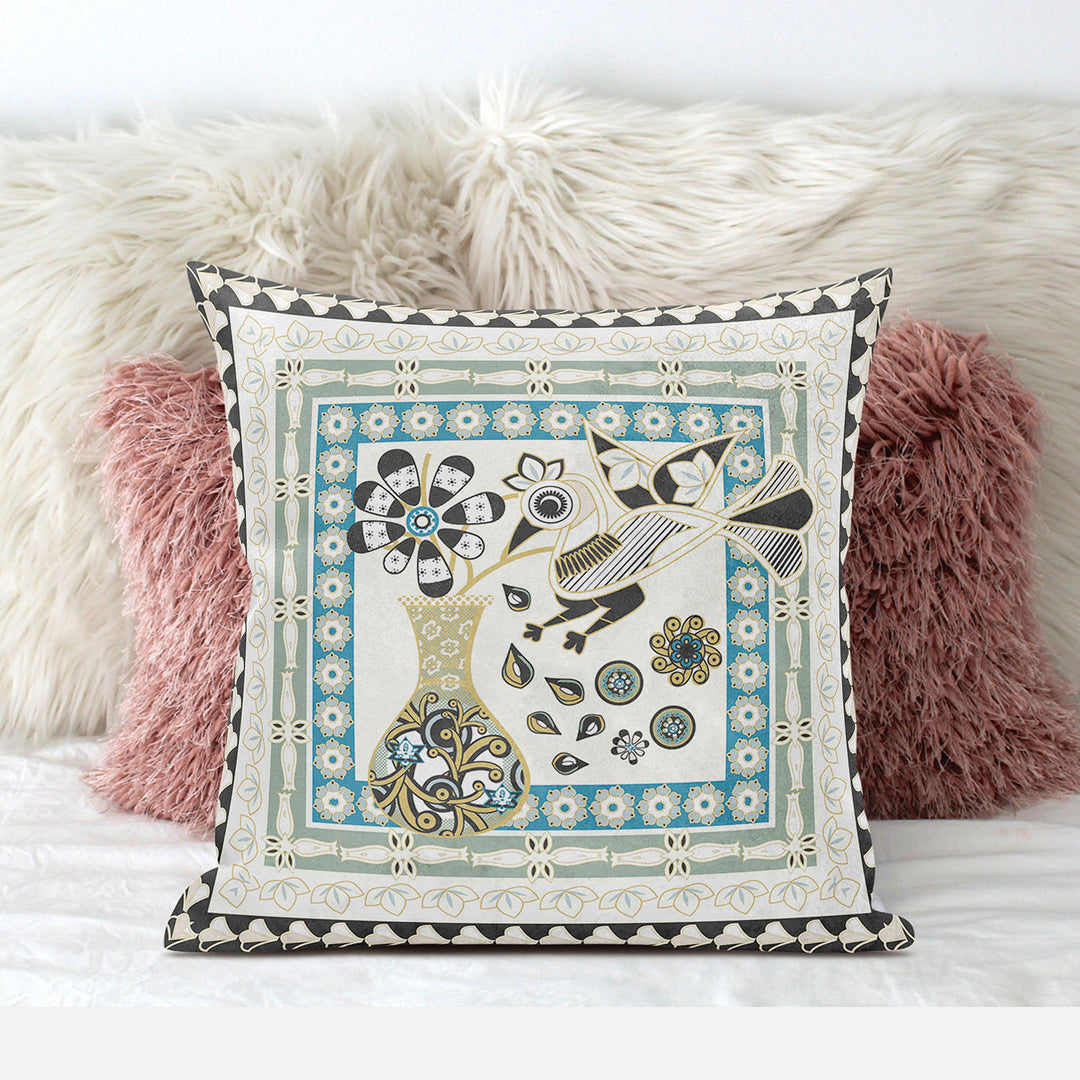 16" x 16" Cream Peacock Blown Seam Floral Indoor Outdoor Throw Pillow