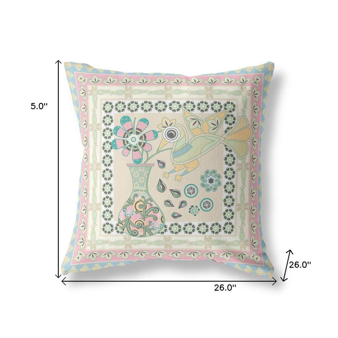 26" x 26" Blue and Beige Peacock Blown Seam Floral Indoor Outdoor Throw Pillow