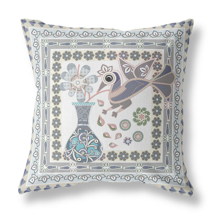 16" x 16" Gray Peacock Blown Seam Floral Indoor Outdoor Throw Pillow