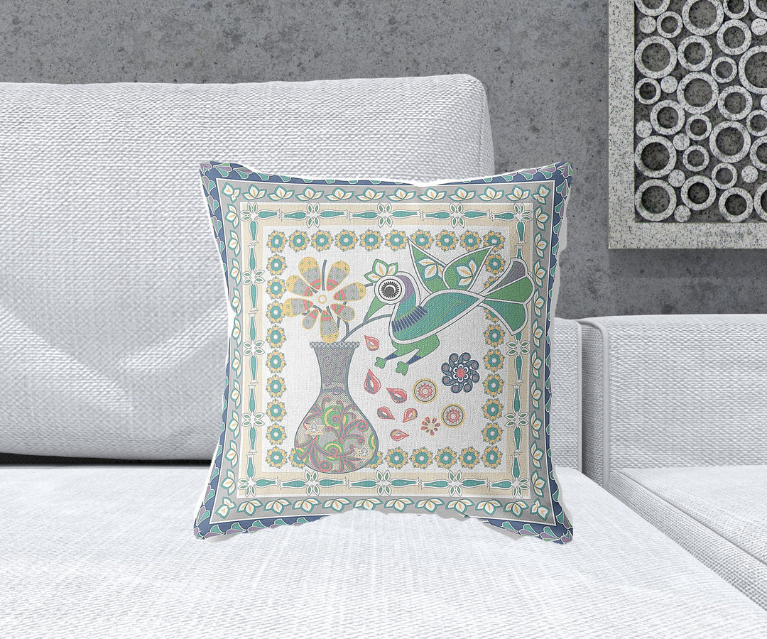 18" x 18" Cream Peacock Blown Seam Floral Indoor Outdoor Throw Pillow