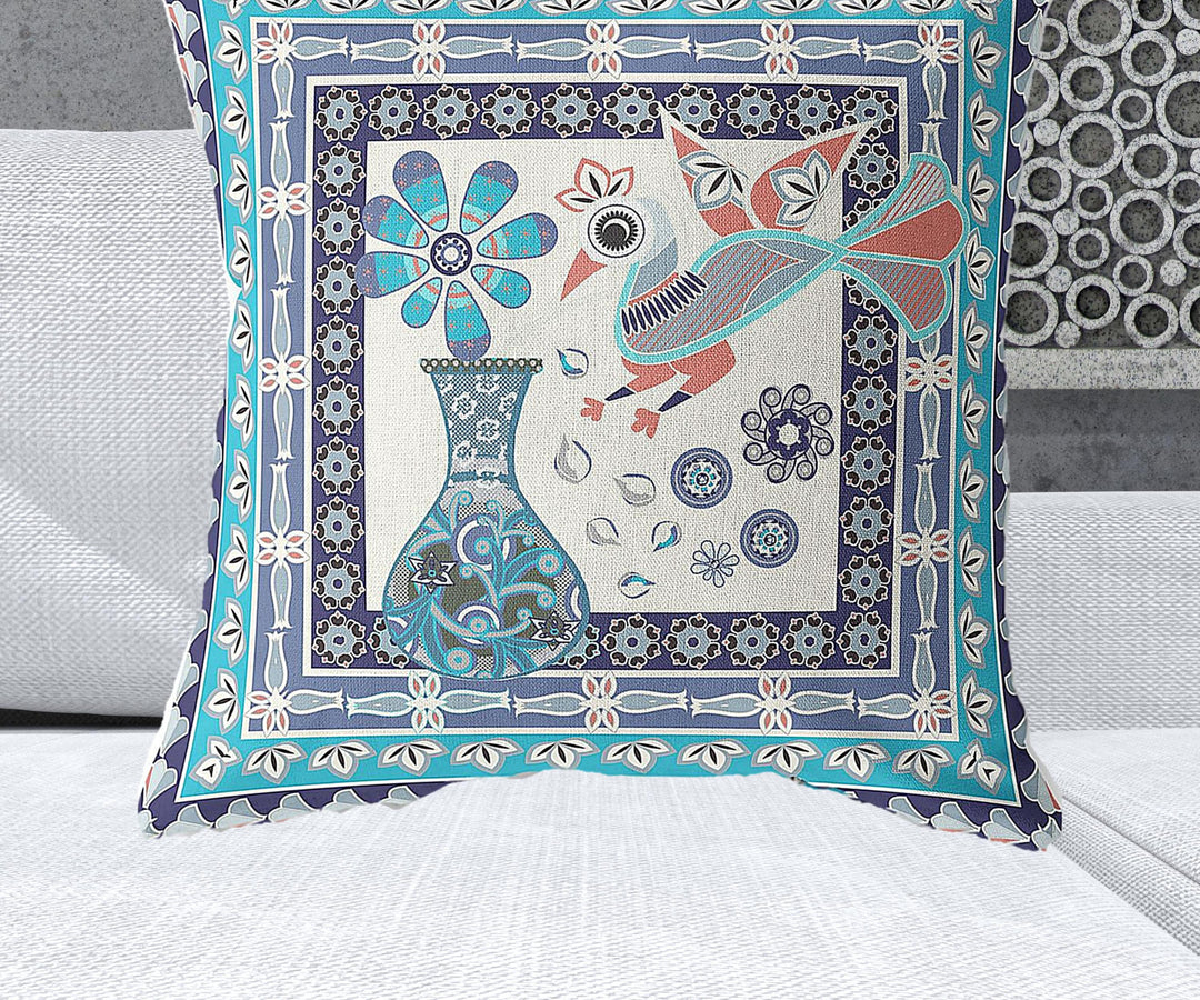 28" x 28" Blue and Off White Peacock Blown Seam Floral Indoor Outdoor Throw Pillow