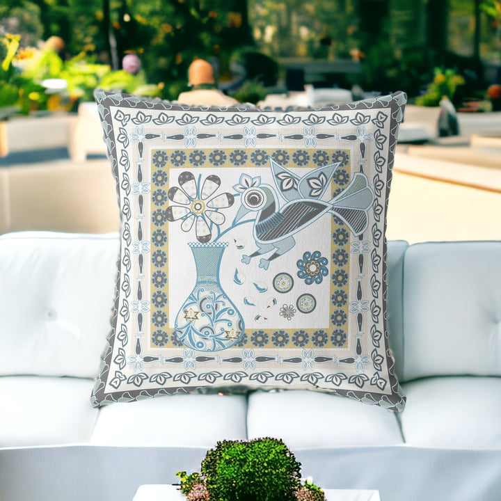 28" X 28" Blue and White Peacock Blown Seam Floral Indoor Outdoor Throw Pillow