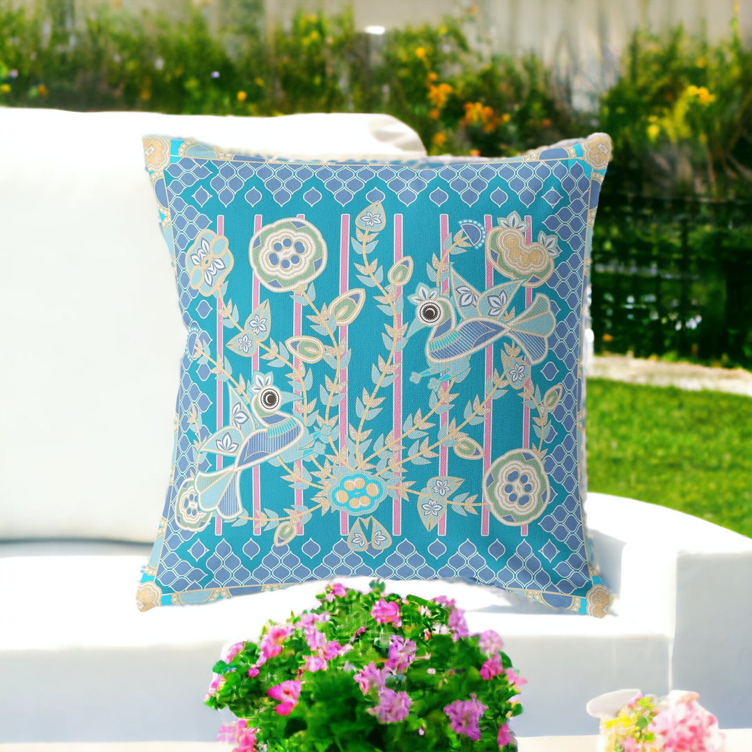 26" X 26" Blue and Green Peacock Blown Seam Floral Indoor Outdoor Throw Pillow