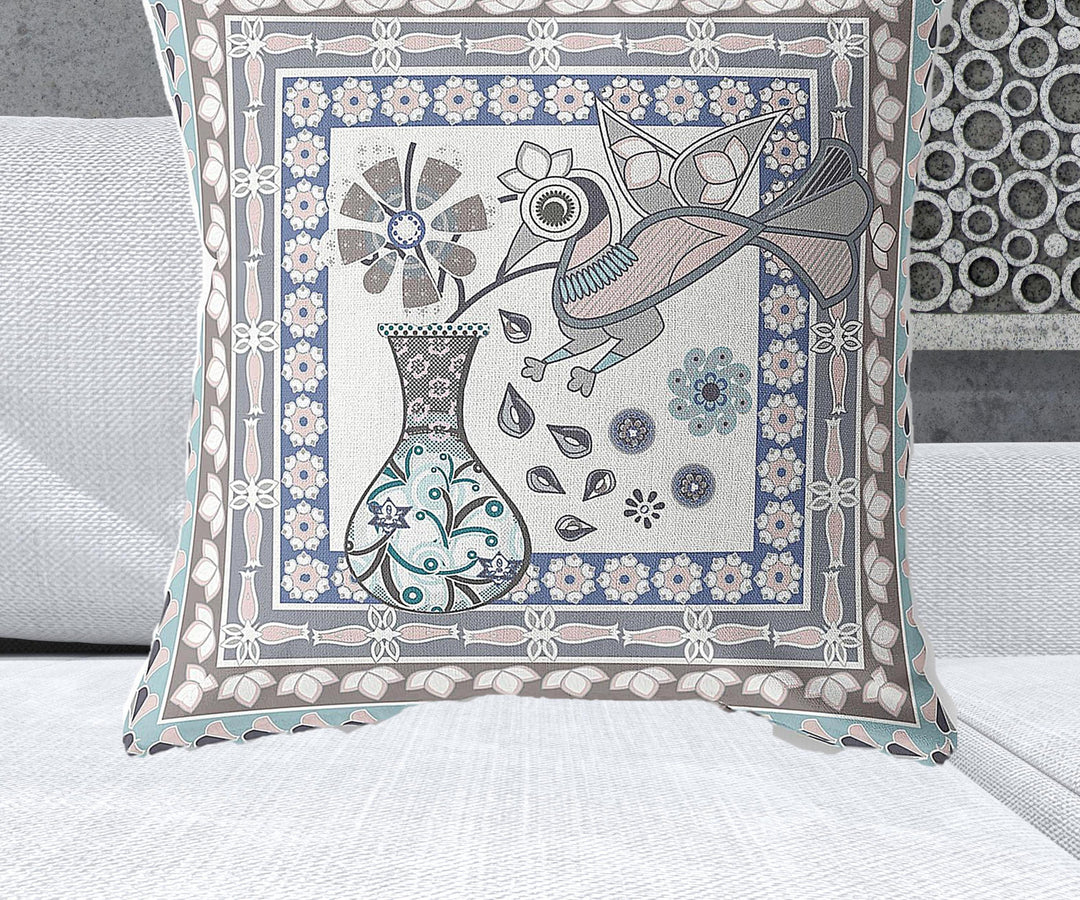 28" x 28" Blue and Gray Peacock Blown Seam Floral Indoor Outdoor Throw Pillow