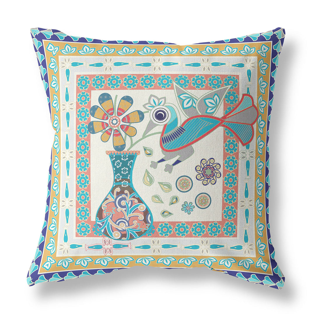 16" x 16" Blue and Beige Peacock Blown Seam Floral Indoor Outdoor Throw Pillow