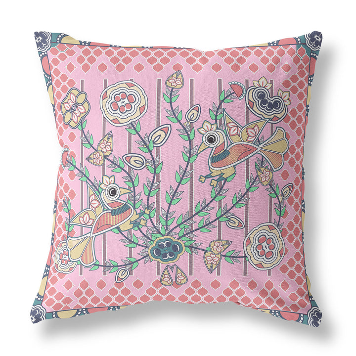 28" x 28" Pink Peacock Blown Seam Floral Indoor Outdoor Throw Pillow