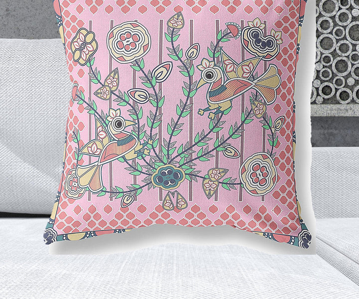 28" x 28" Pink Peacock Blown Seam Floral Indoor Outdoor Throw Pillow