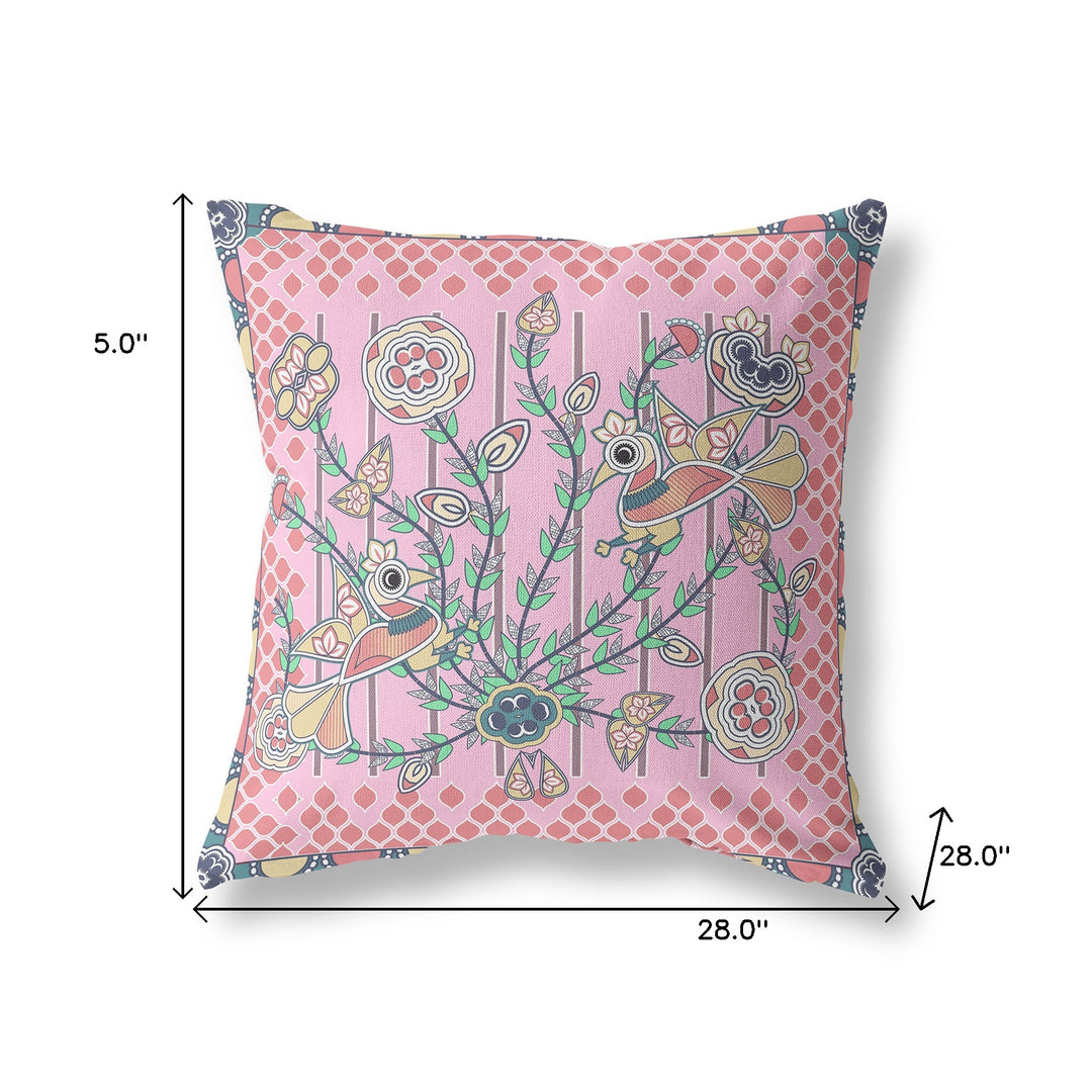 28" x 28" Pink Peacock Blown Seam Floral Indoor Outdoor Throw Pillow