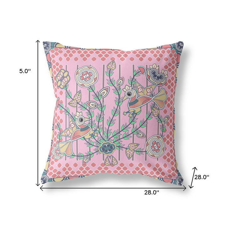 28" x 28" Pink Peacock Blown Seam Floral Indoor Outdoor Throw Pillow