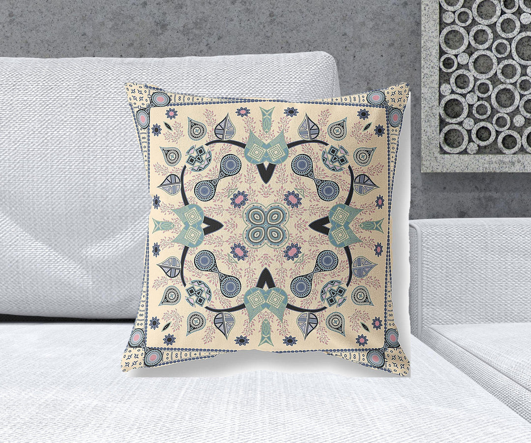 20" x 20" Beige Blown Seam Paisley Indoor Outdoor Throw Pillow