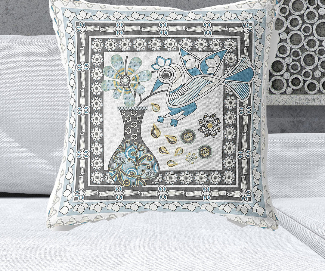 26" x 26" Blue and White Bird Blown Seam Floral Indoor Outdoor Throw Pillow