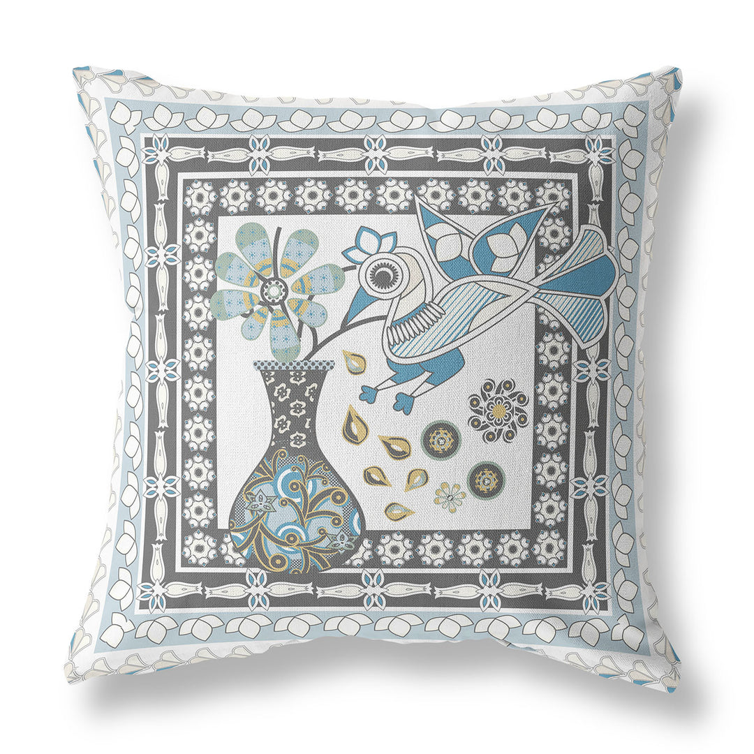 26" x 26" Blue and White Bird Blown Seam Floral Indoor Outdoor Throw Pillow