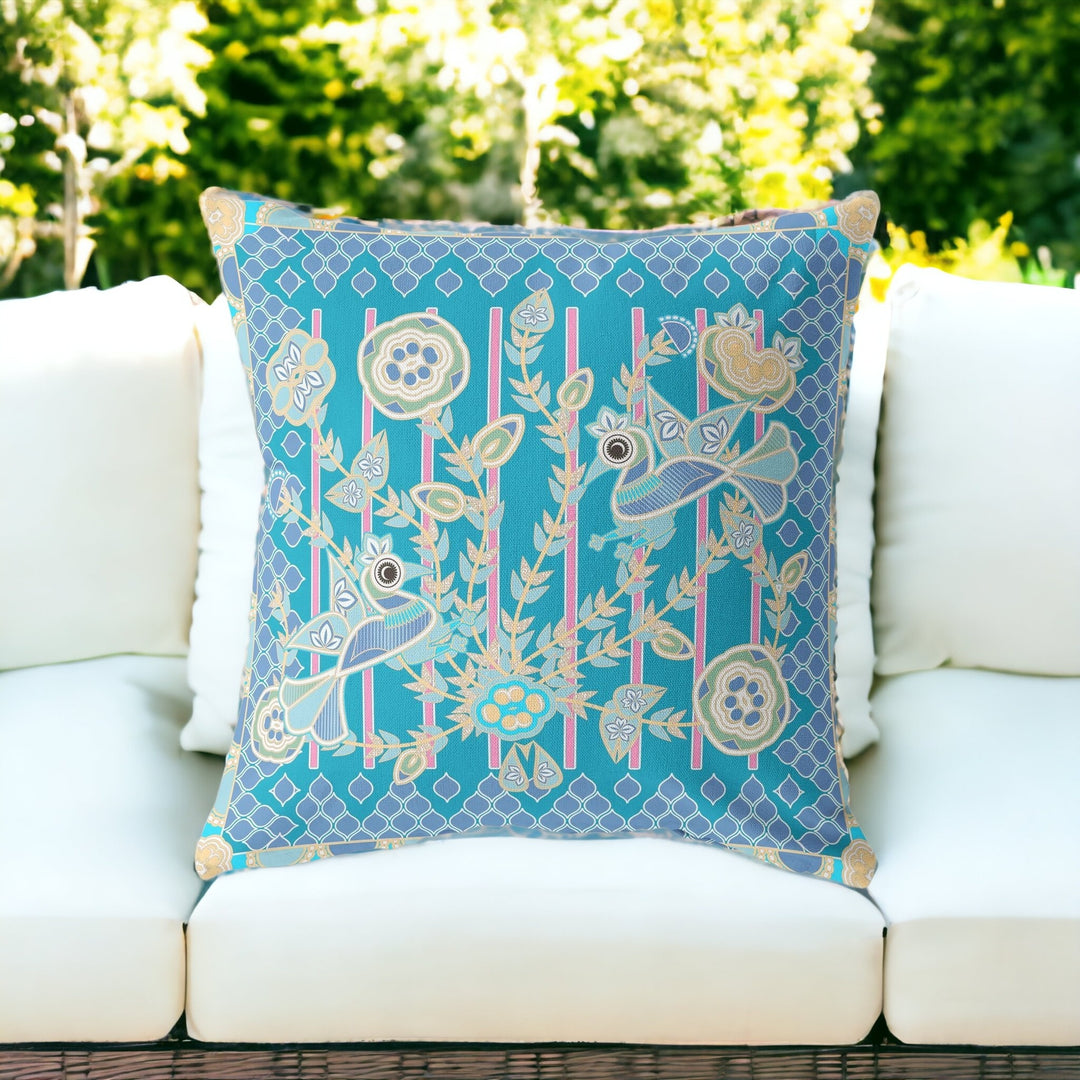 18" X 18" Blue and Green Peacock Blown Seam Floral Indoor Outdoor Throw Pillow