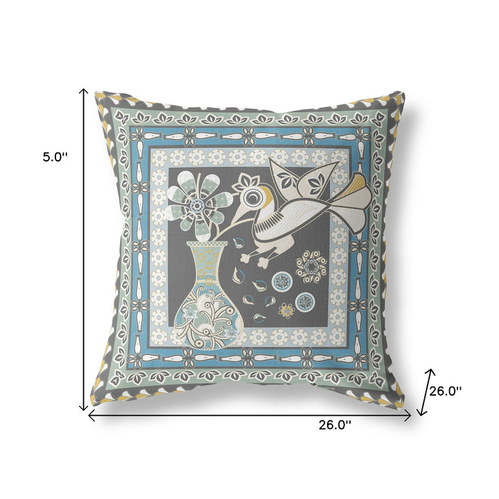 26" x 26" Black and White Peacock Blown Seam Floral Indoor Outdoor Throw Pillow