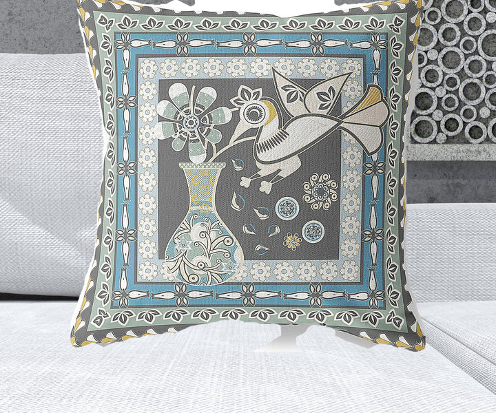 26" x 26" Black and White Peacock Blown Seam Floral Indoor Outdoor Throw Pillow