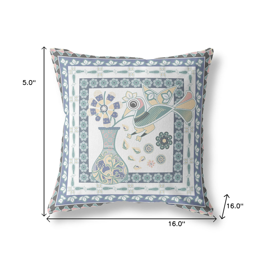 16" x 16" Blue and White Bird Blown Seam Abstract Indoor Outdoor Throw Pillow