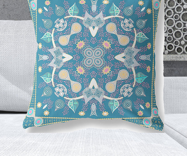 28" x 28" Aqua Blown Seam Paisley Indoor Outdoor Throw Pillow