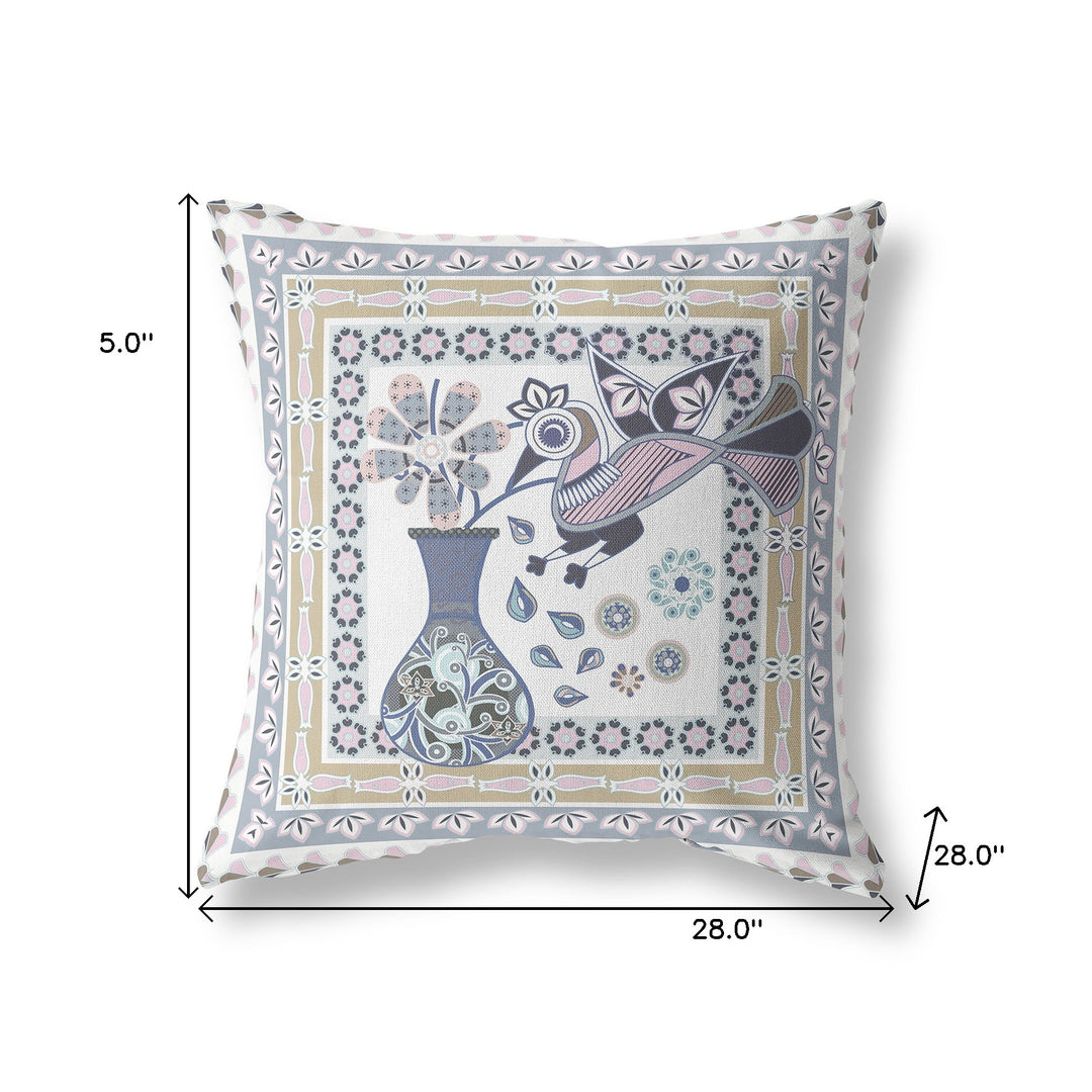 28" x 28" Beige and White Peacock Blown Seam Floral Indoor Outdoor Throw Pillow