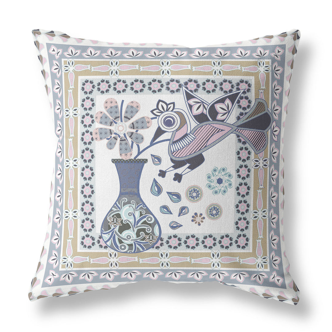 28" x 28" Beige and White Peacock Blown Seam Floral Indoor Outdoor Throw Pillow