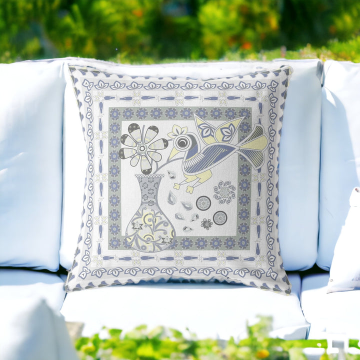 26" X 26" Gray and White Peacock Blown Seam Floral Indoor Outdoor Throw Pillow