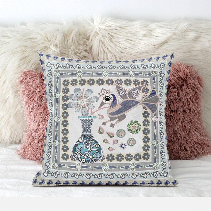 20" x 20" Gray Peacock Blown Seam Floral Indoor Outdoor Throw Pillow