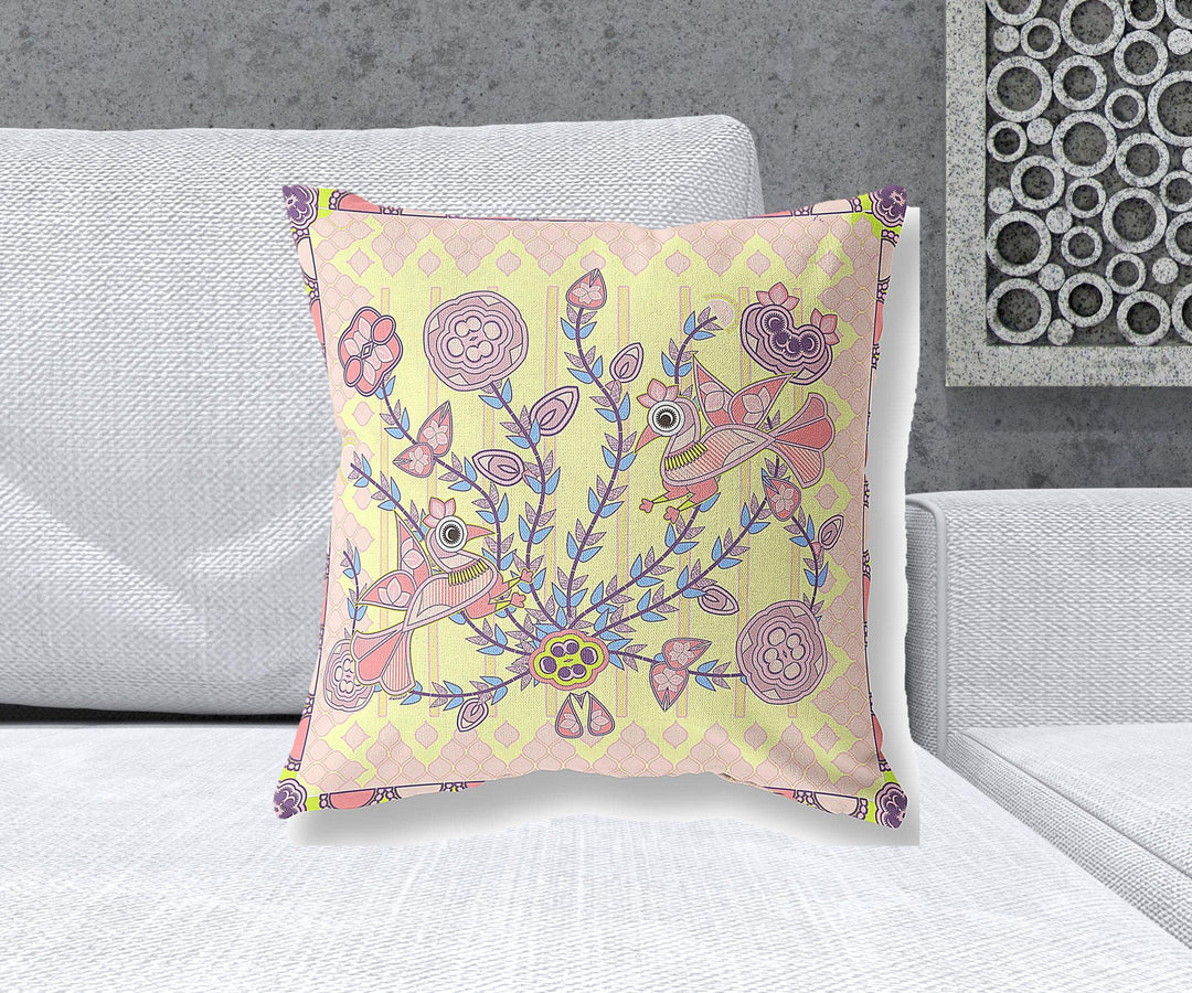 20" x 20" Yellow Peacock Blown Seam Floral Indoor Outdoor Throw Pillow