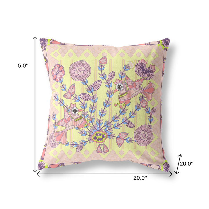 20" x 20" Yellow Peacock Blown Seam Floral Indoor Outdoor Throw Pillow