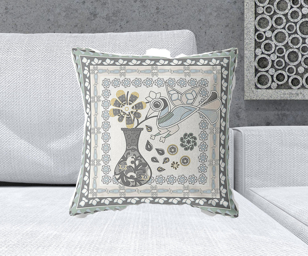 20" x 20" Cream Peacock Blown Seam Floral Indoor Outdoor Throw Pillow