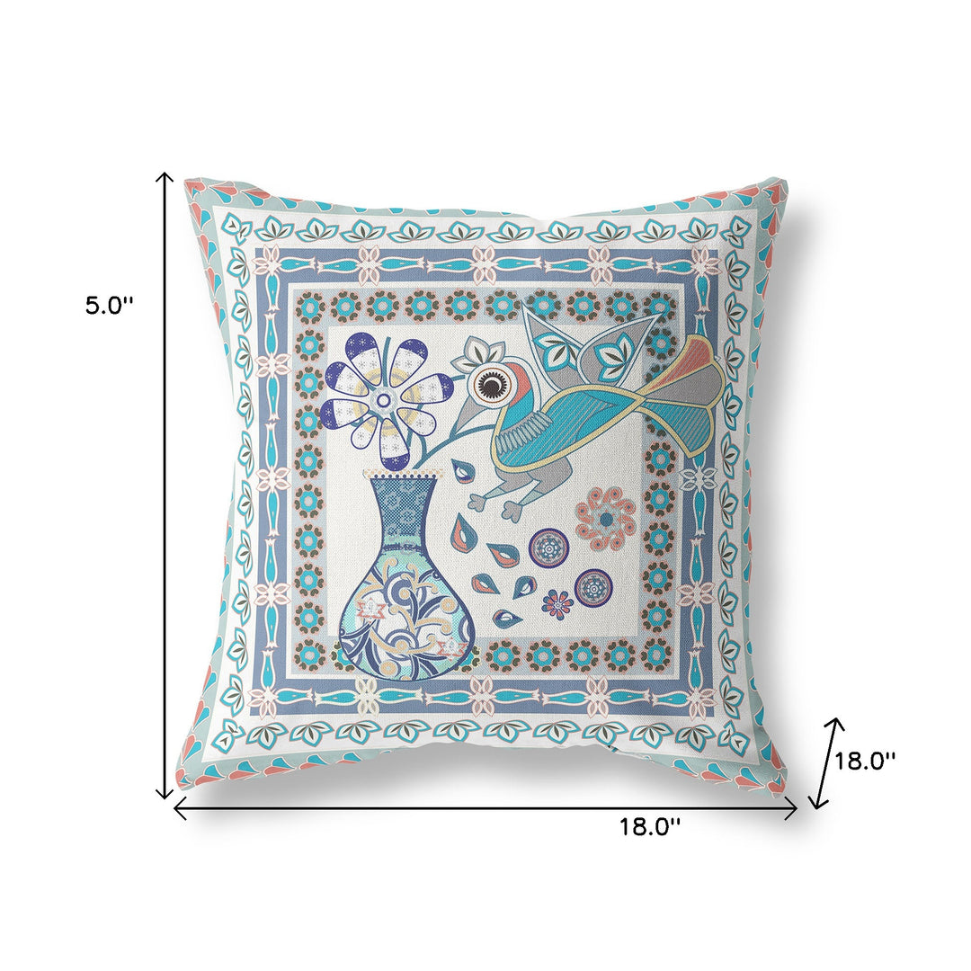 18" x 18" Off White Peacock Blown Seam Floral Indoor Outdoor Throw Pillow