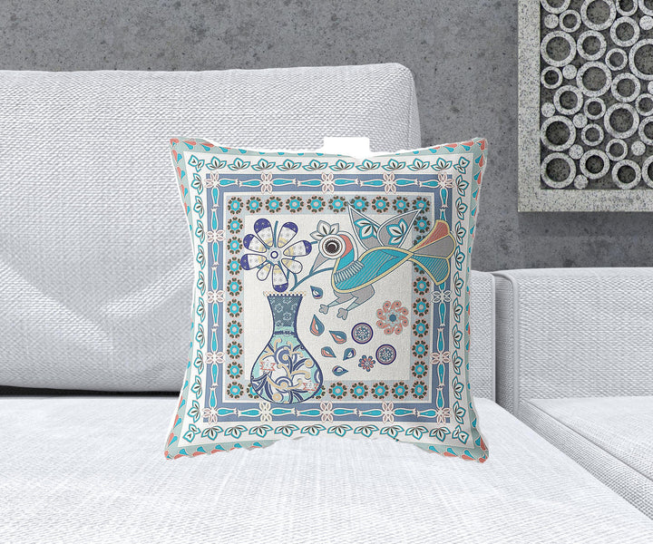 18" x 18" Off White Peacock Blown Seam Floral Indoor Outdoor Throw Pillow