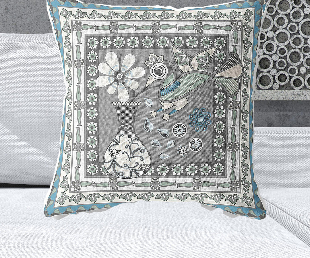 26" x 26" Gray and White Peacock Blown Seam Floral Indoor Outdoor Throw Pillow