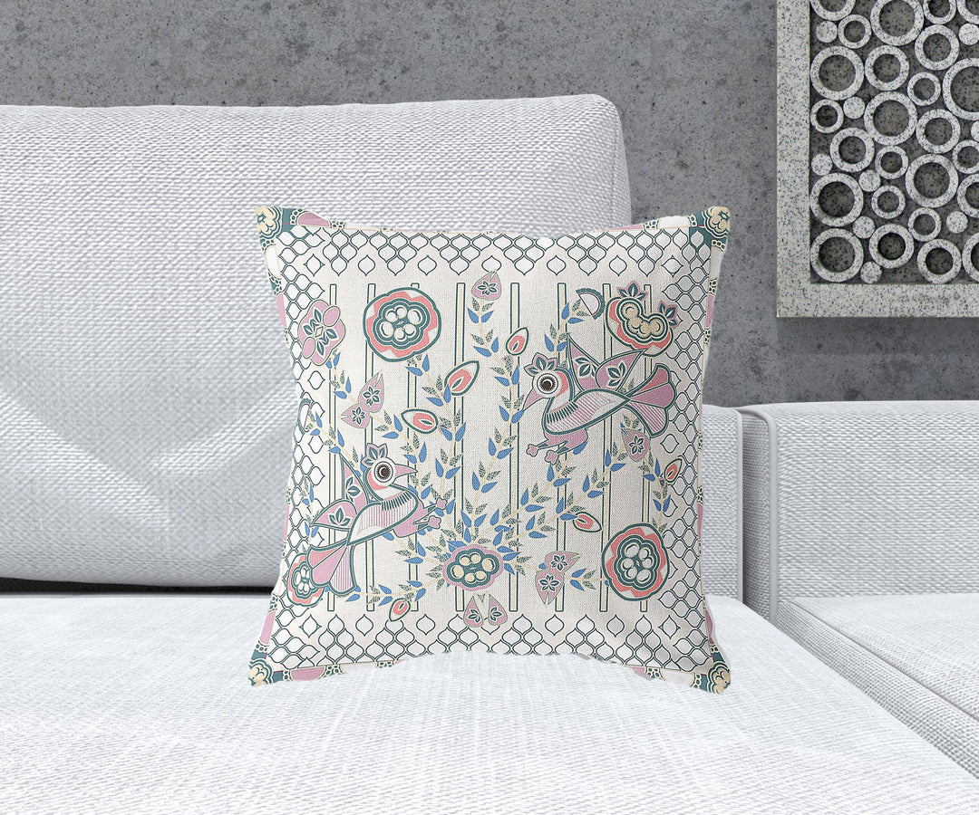 18" x 18" Off White Peacock Blown Seam Floral Indoor Outdoor Throw Pillow