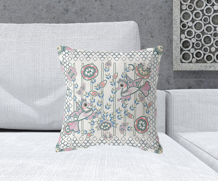 18" x 18" Off White Peacock Blown Seam Floral Indoor Outdoor Throw Pillow