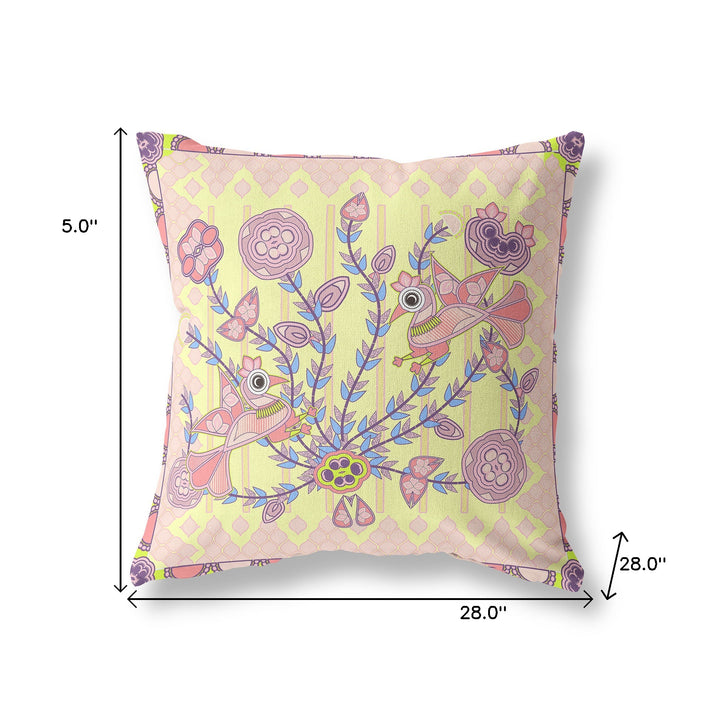 28" x 28" Yellow Peacock Blown Seam Floral Indoor Outdoor Throw Pillow